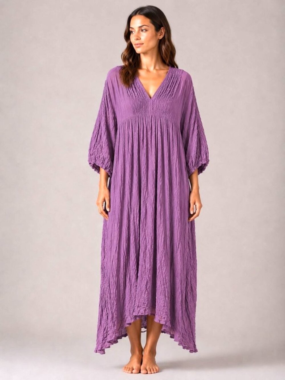 NEW Lilac Cotton Maxi Dress One Size Boho Crinkle Lagenlook Oversized Thailand